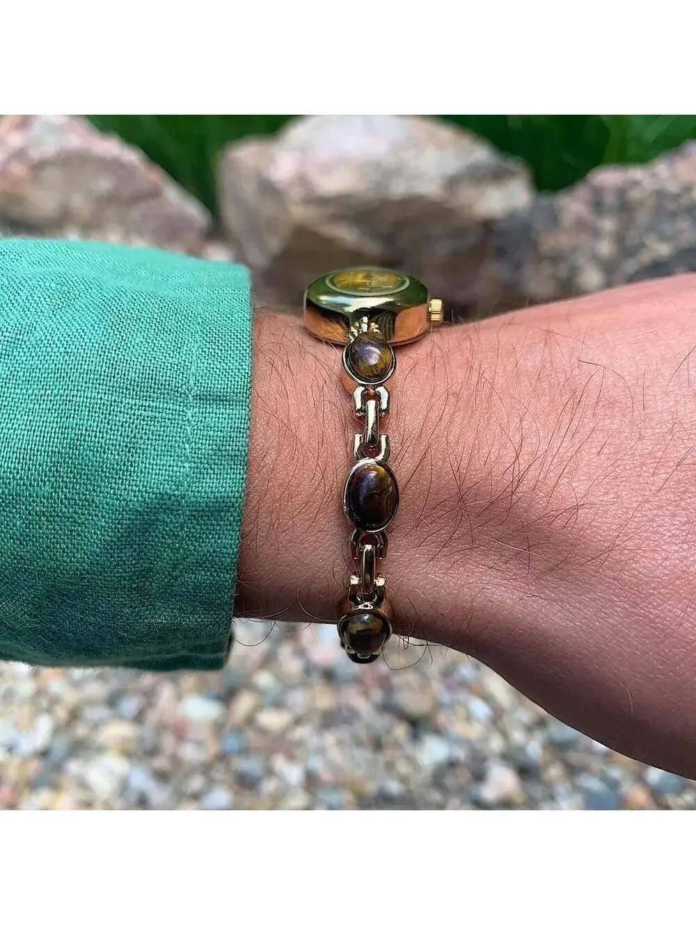 Boho Indie Gold style tone quartz watch with glass brown jade stone opal